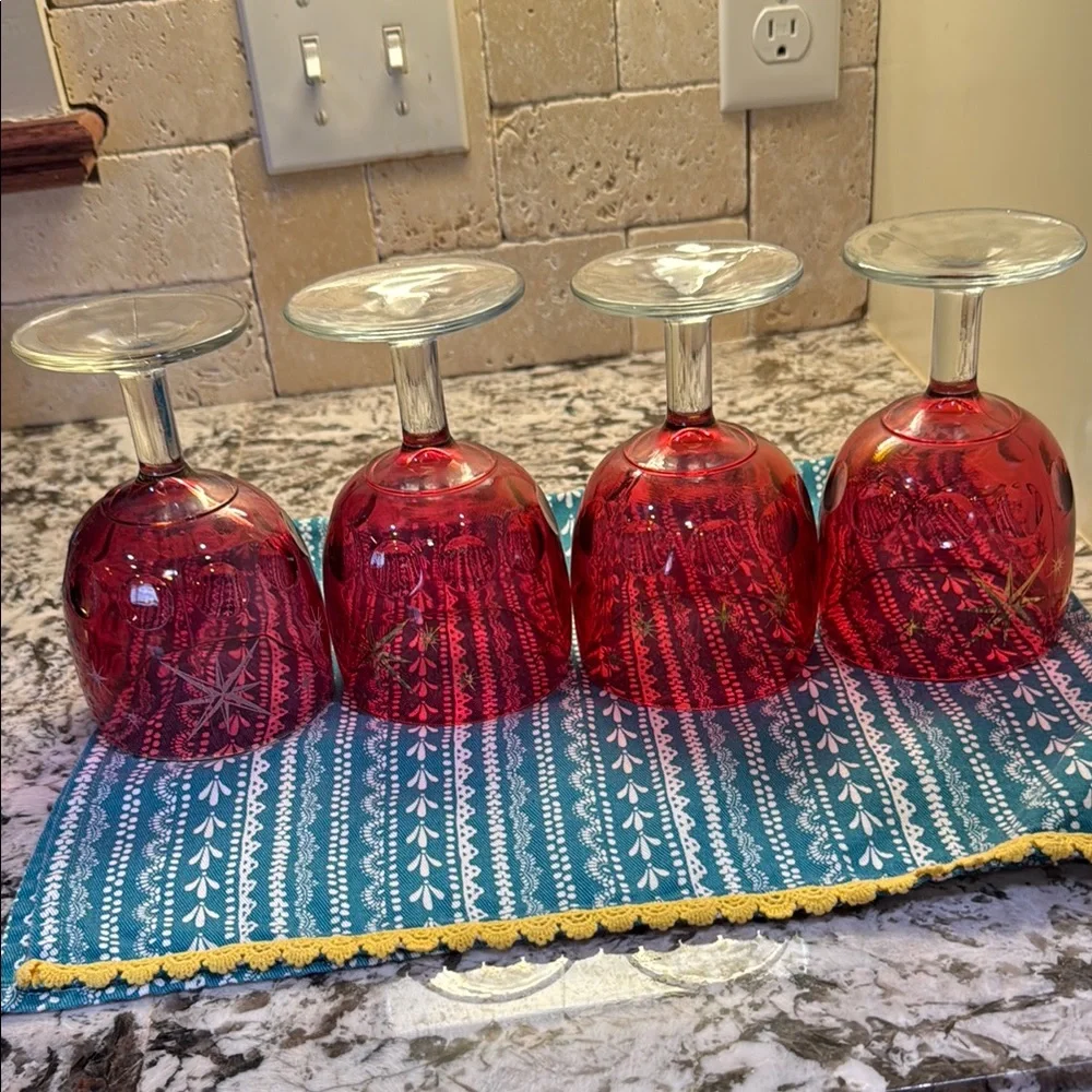 Bartlett Collins Set of 4  Cranberry Red Goblets With Atomic Starburst Design. - Picture 2 of 4